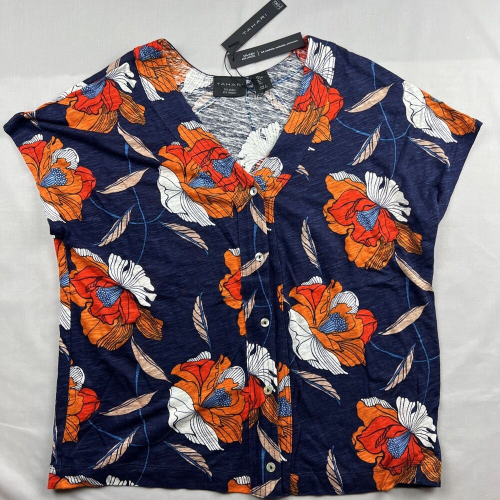 Tahari Linen Blend Resort Wear Coastal Flower Top Large NWT
